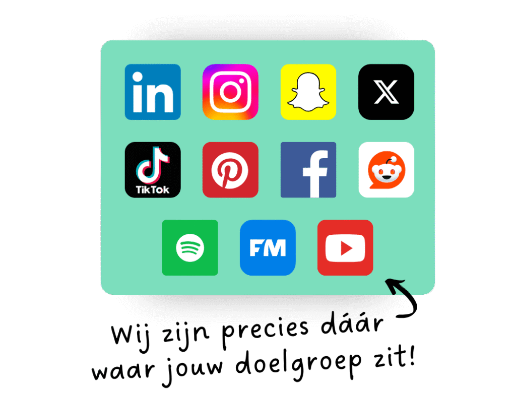 Overzicht van populaire social media kanalen zoals LinkedIn Instagram TikTok en YouTube op groene achtergrond