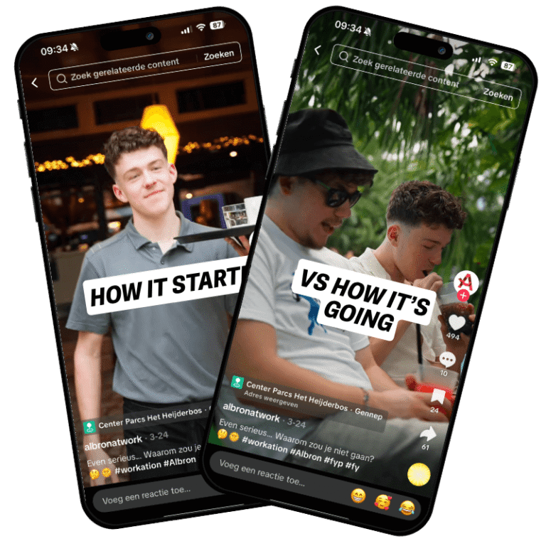 Twee smartphones met TikTok content voor recruitment met de teksten How it started en How it’s going