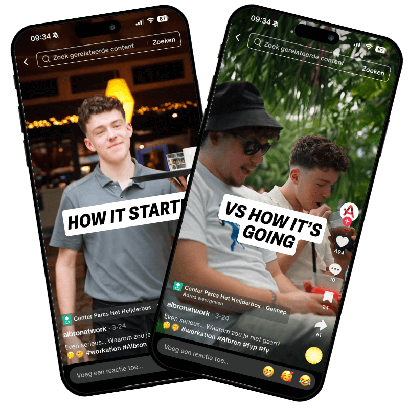 Twee smartphones met TikTok content voor recruitment met de teksten How it started en How it’s going