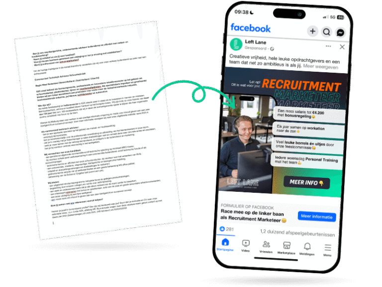 Transformatie van standaard vacaturetekst naar opvallende Facebook vacature advertentie door Left Lane