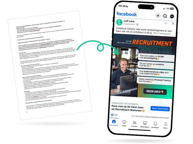 Transformatie van standaard vacaturetekst naar opvallende Facebook vacature advertentie door Left Lane