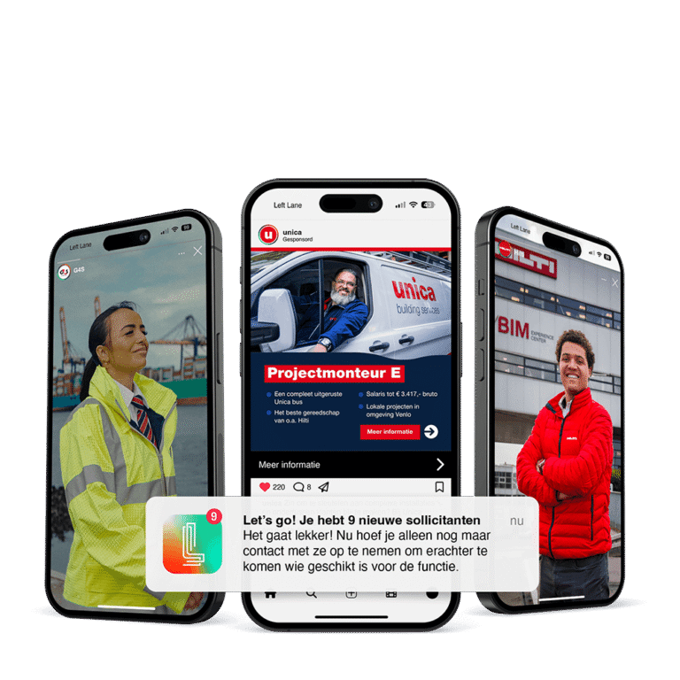 Drie smartphones met recruitment advertenties van G4S, Unica en Hilti, met notificatie over nieuwe sollicitanten