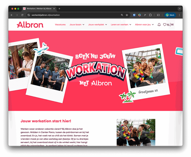 Screenshot van de Albron workation webpagina op werkenbijalbron.nl met vrolijke medewerkers en de tekst 