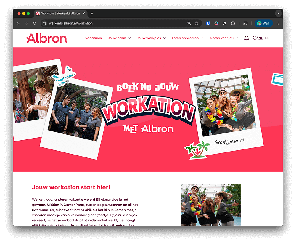 Screenshot van de Albron workation webpagina op werkenbijalbron.nl met vrolijke medewerkers en de tekst 