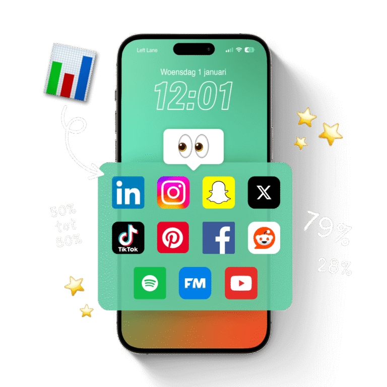 Smartphone met socialmedia-iconen en percentages, verwijzend naar gebruik van social media in recruitment