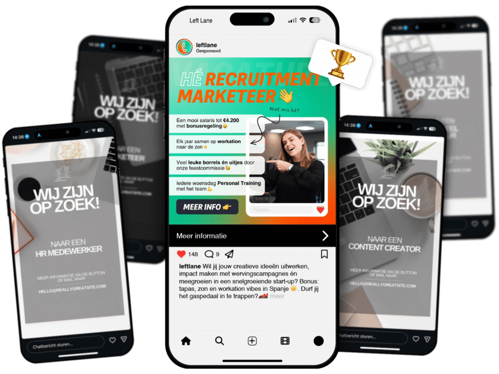 Voorbeelden van job marketing campagnes op sociale media door Left Lane op smartphones