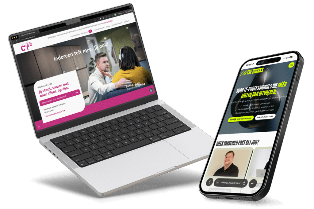 Werken-bij websites van Cello en Rise Works op laptop en smartphone, ontworpen door Left Lane