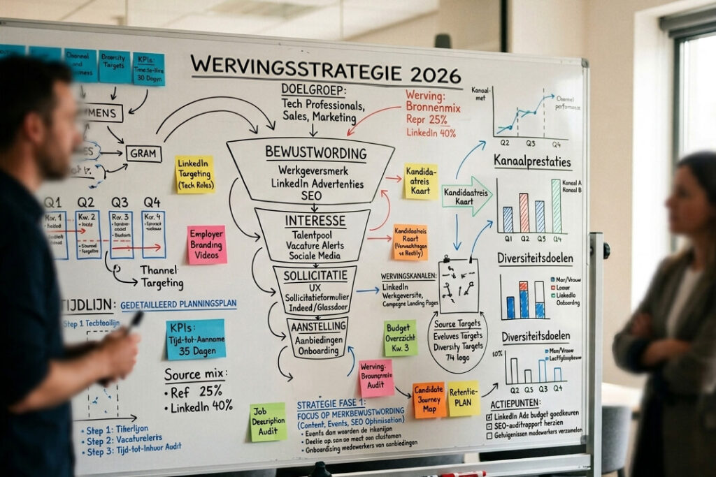 Recruitment strategie op whiteboard met wervingsfunnel, KPI's en candidate journey map